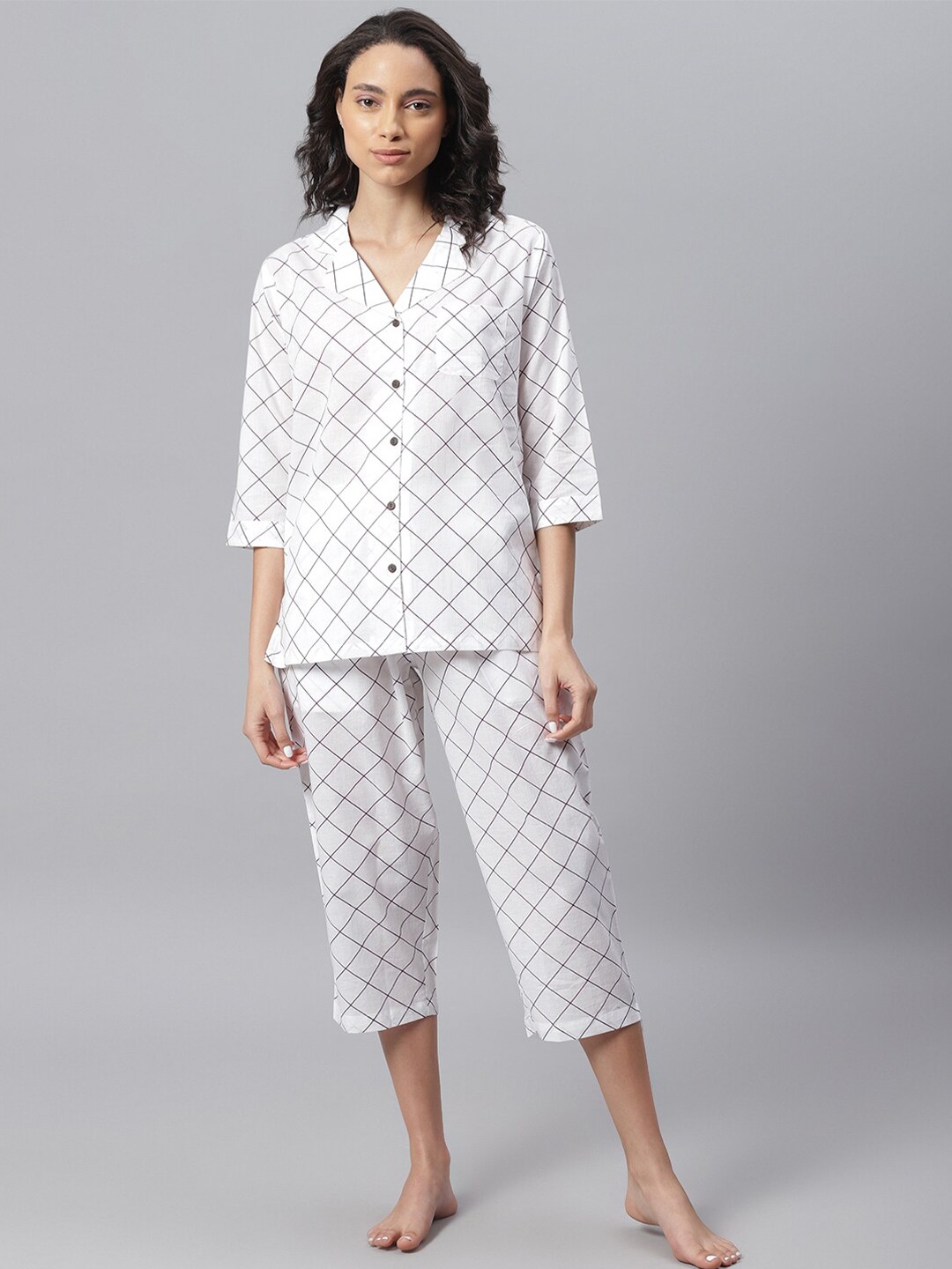 

Janasya Women White & Purple Checked Night suit