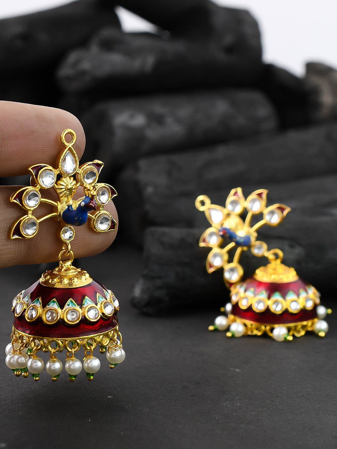

Silvermerc Designs Multicoloured Meenakari Peacock Shaped Jhumkas Earrings, Multi