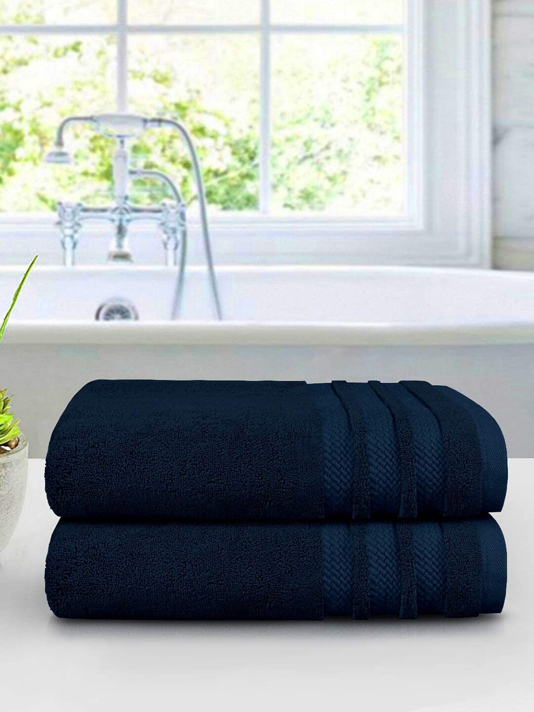 

MYTRIDENT Unisex Set of 2 Navy Blue 625 GSM Cotton Bath Towel