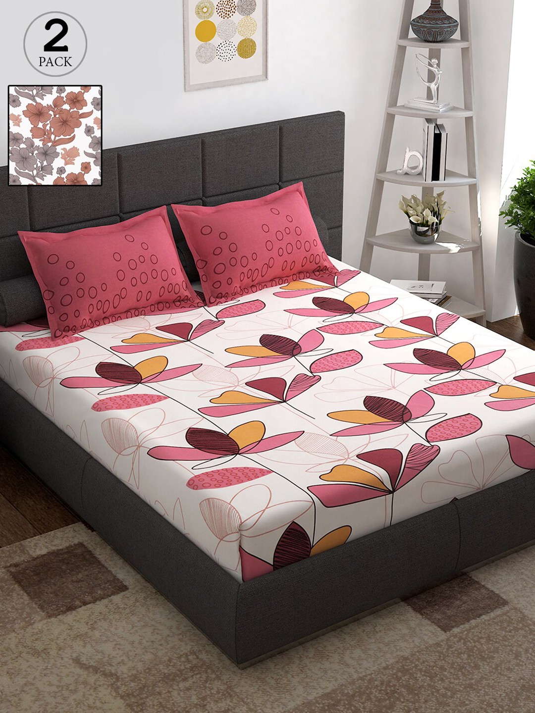 

Story@home Pack of 2 Floral 152 TC Cotton 2 Queen Bedsheet with 4 Pillow Covers, Pink