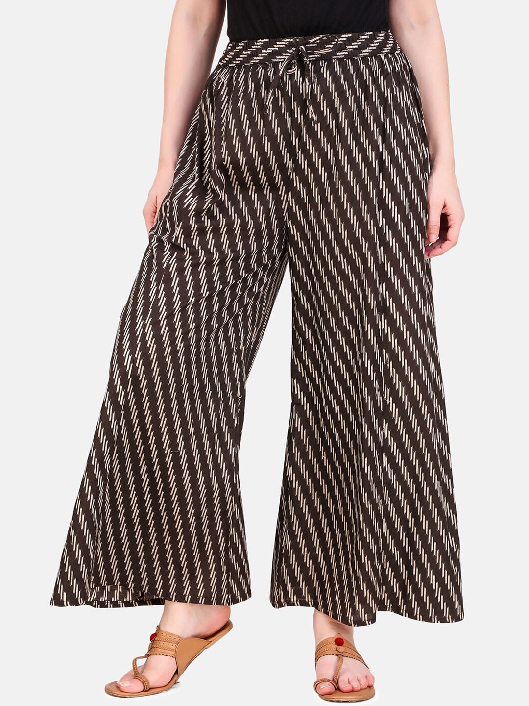 

Aawari Women Brown & White Striped Flared Knitted Palazzos