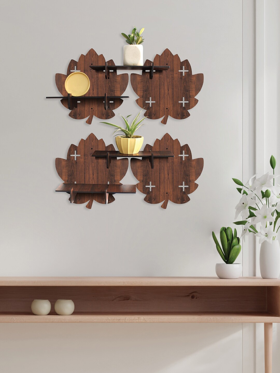 

RANDOM Set of 4 Brown MDF Lotus Wall Shelf