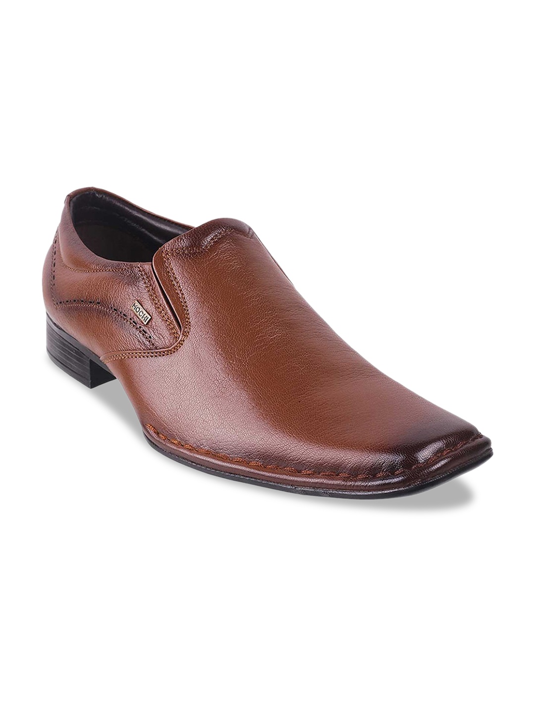 

Mochi Men Brown Solid Leather Formal Slip-Ons, Yellow