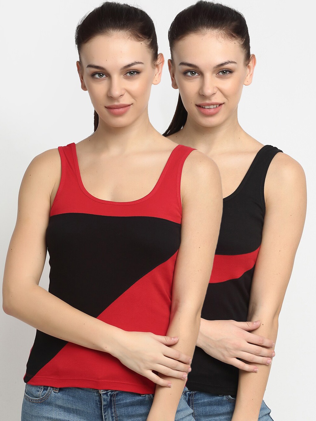 

Friskers Women Pack of 2 Black & Red Pure Cotton Tank Top