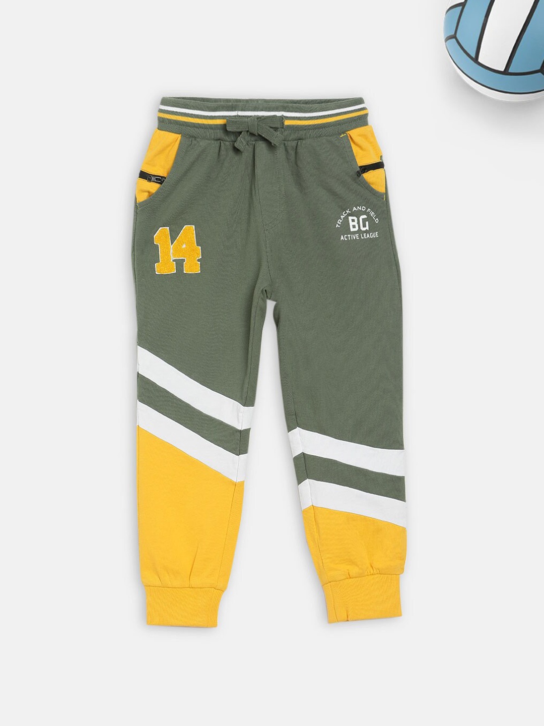 Blue Giraffe Boys Olive Green & Yellow Colorblocked Cotton Joggers