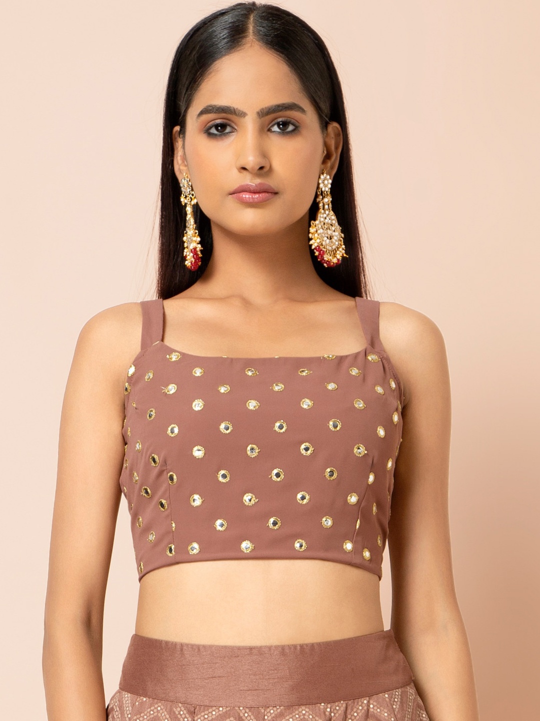 

Rang by Indya X PAYAL SINGHAL Brown Mirror Work Strappy Crop Top