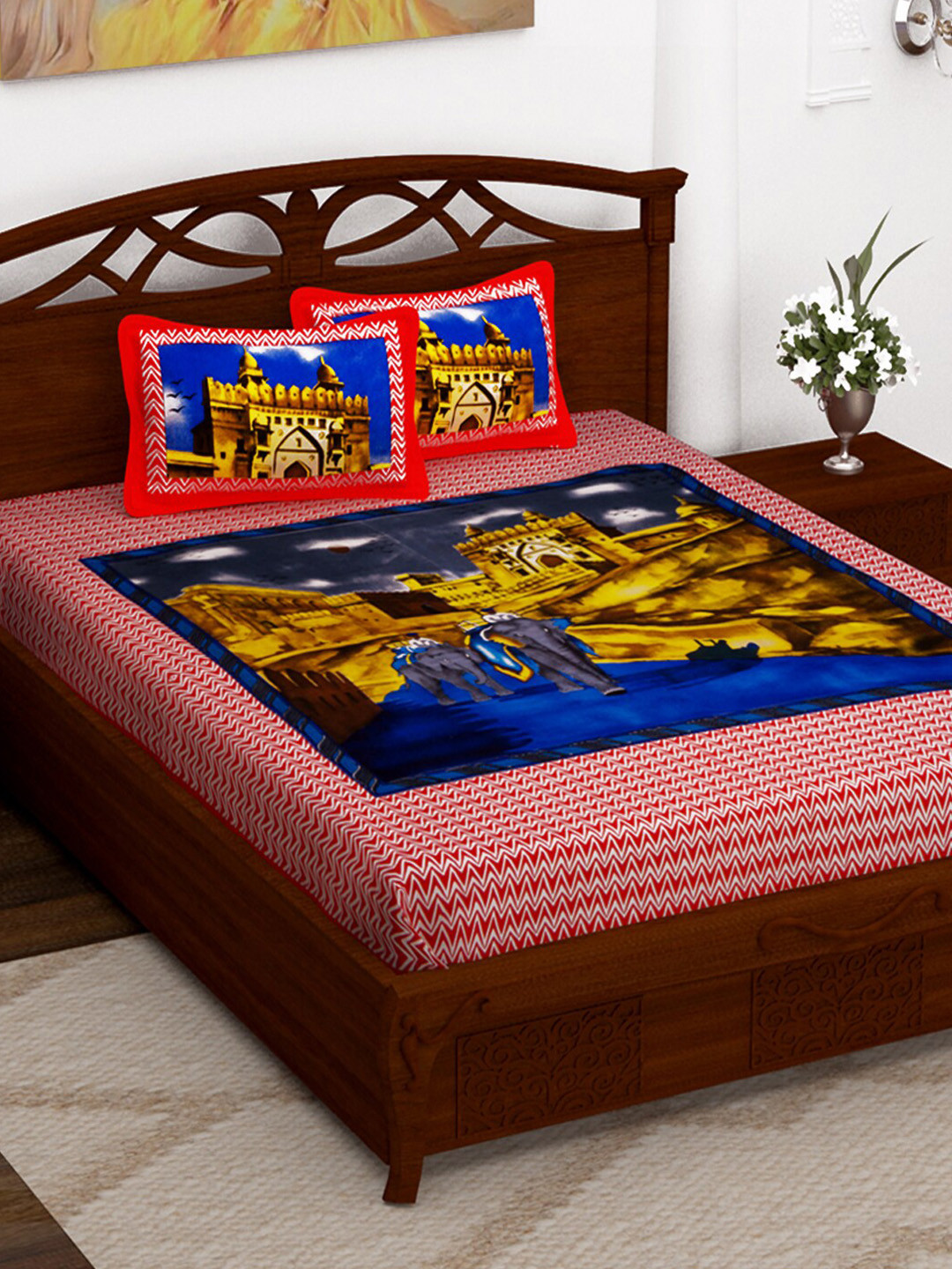 

Story@home Blue & Red Graphic 152 TC Cotton 1 Queen Bedsheet with 2 Pillow Covers