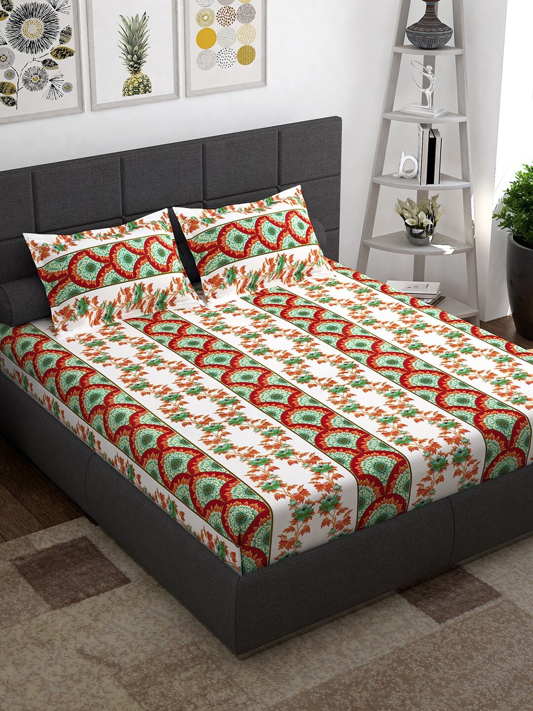 

Story@home White & Red Ethnic Motifs Cotton 1 Queen Bedsheet with 2 Pillow Covers