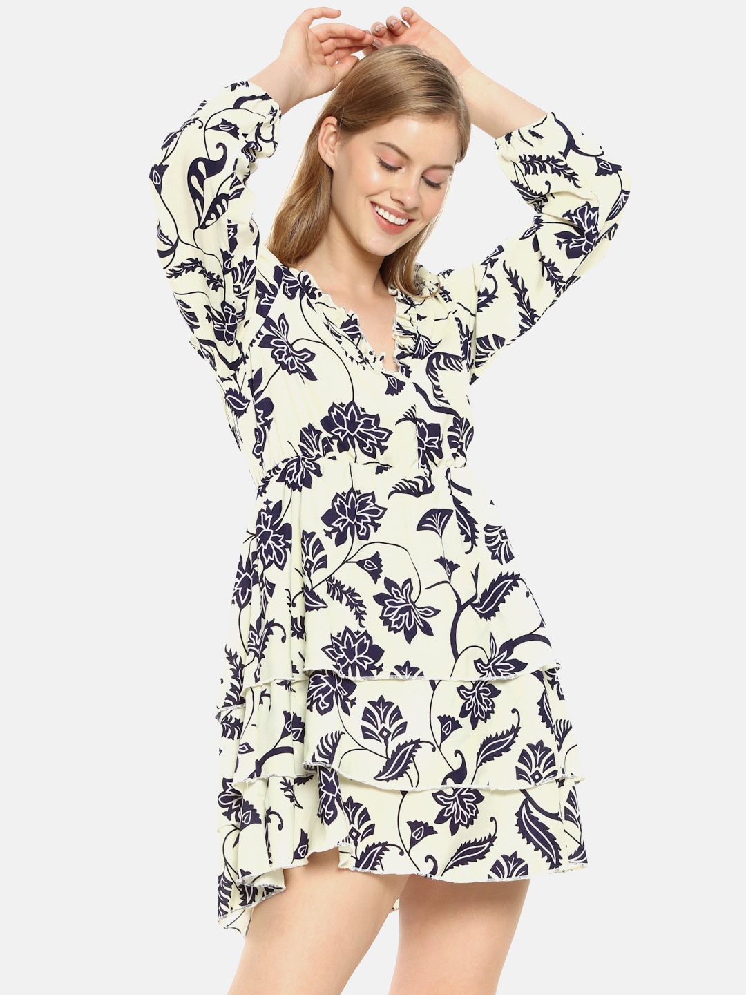 

Campus Sutra Cream & Navy Blue Floral Crepe Mini Dress