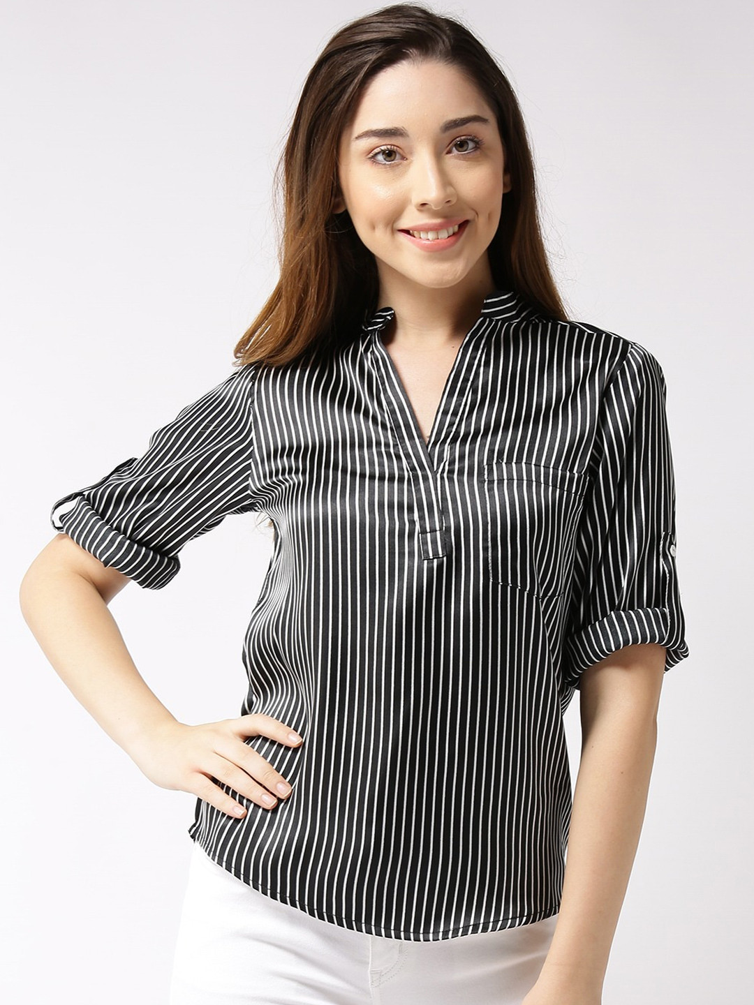 

Sera Women Black & White Striped Mandarin Collar Shirt Style Top