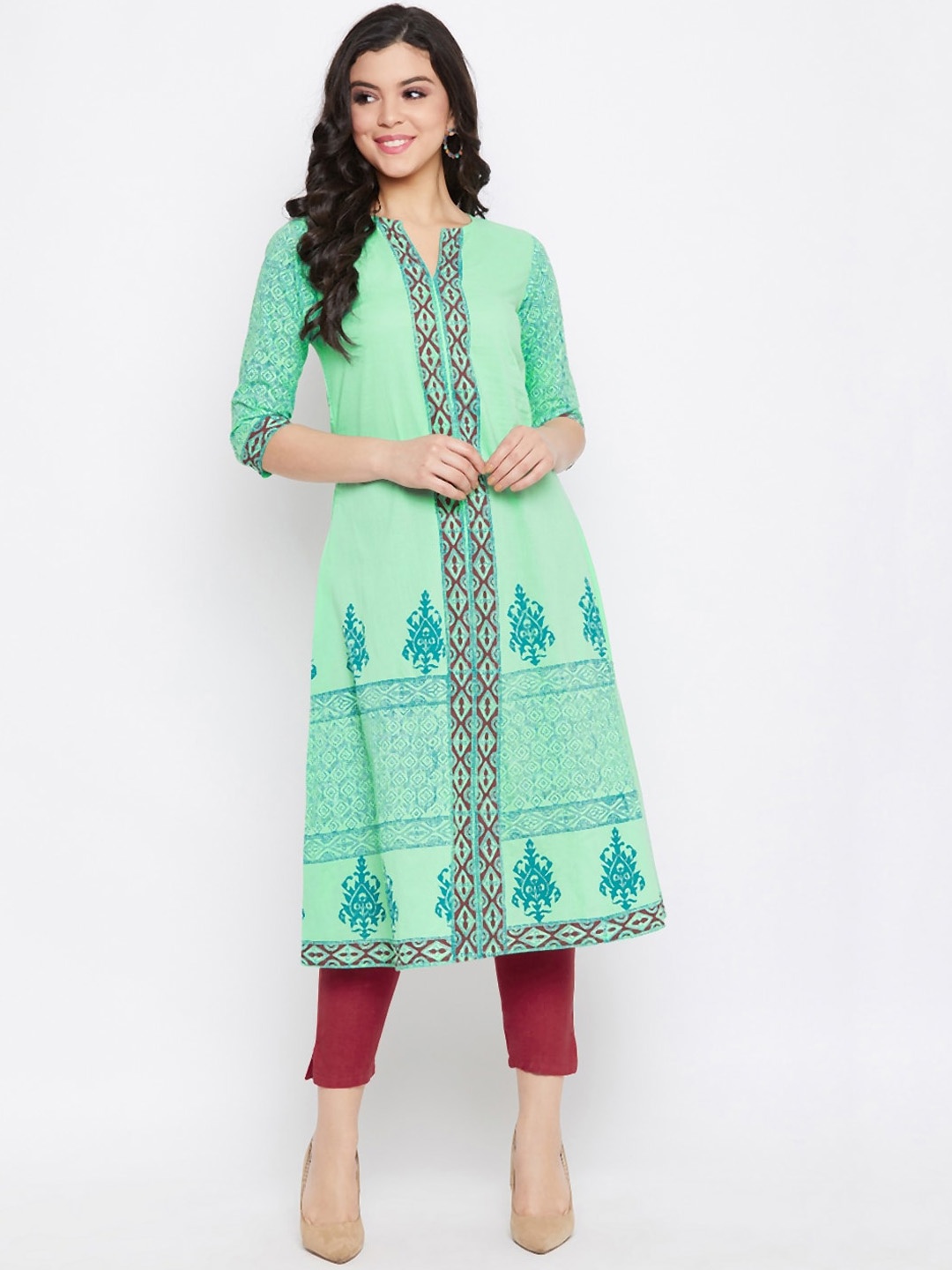 

WineRed Women Green & Brown Ethnic Motifs Printed Cotton Kurta