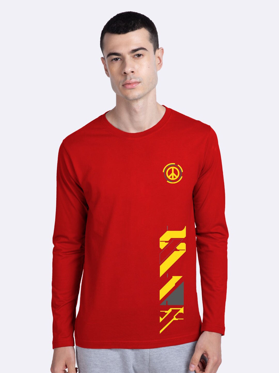 Bewakoof Men Red Yellow Funk Peace Printed Cotton Pure Cotton T-shirt