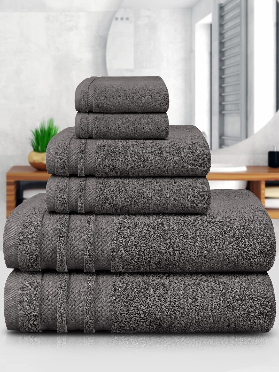 

MYTRIDENT Set Of 6 Charcoal Grey Solid 500 GSM Soft Plush Pure Cotton Towel Set