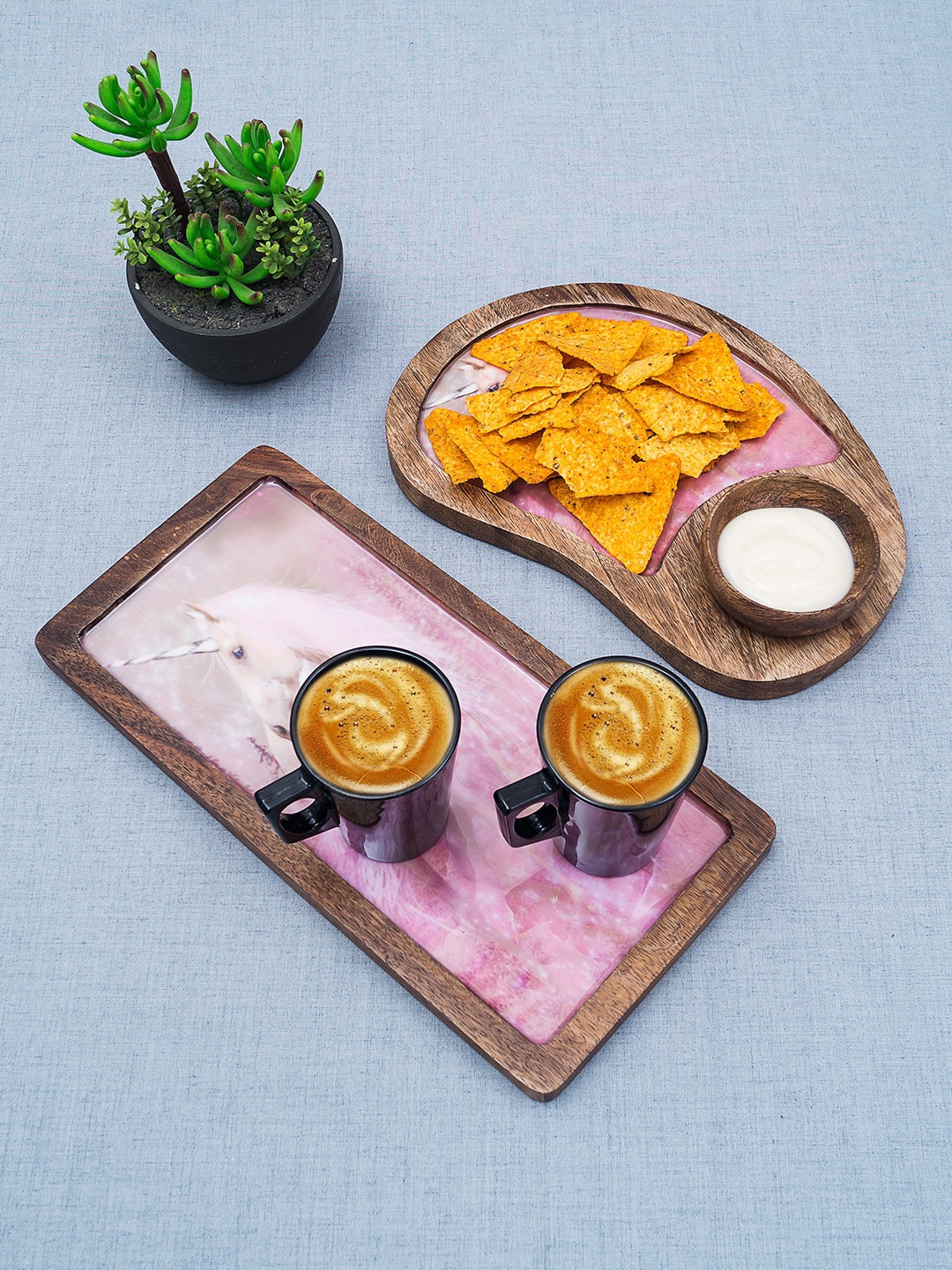 

Golden Peacock Set Of 2 Brown & Pink Printed Wooden Serving Trays With Bowl