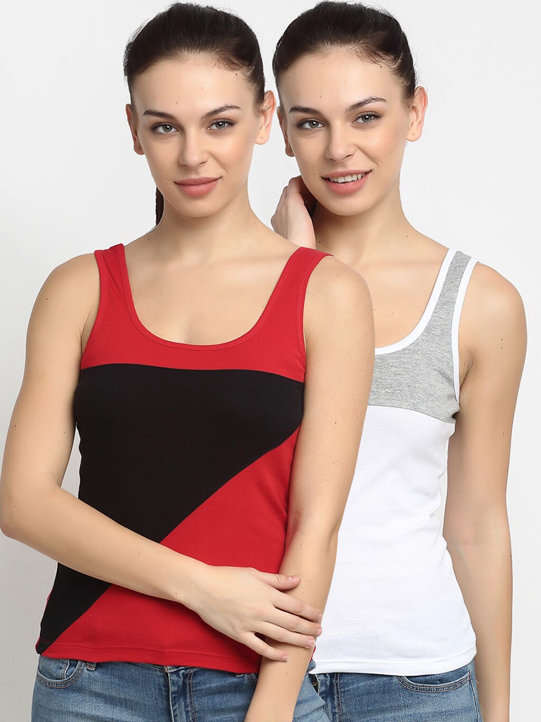 

Friskers Women Pack of 2 Red & White Pure Cotton Tank Top