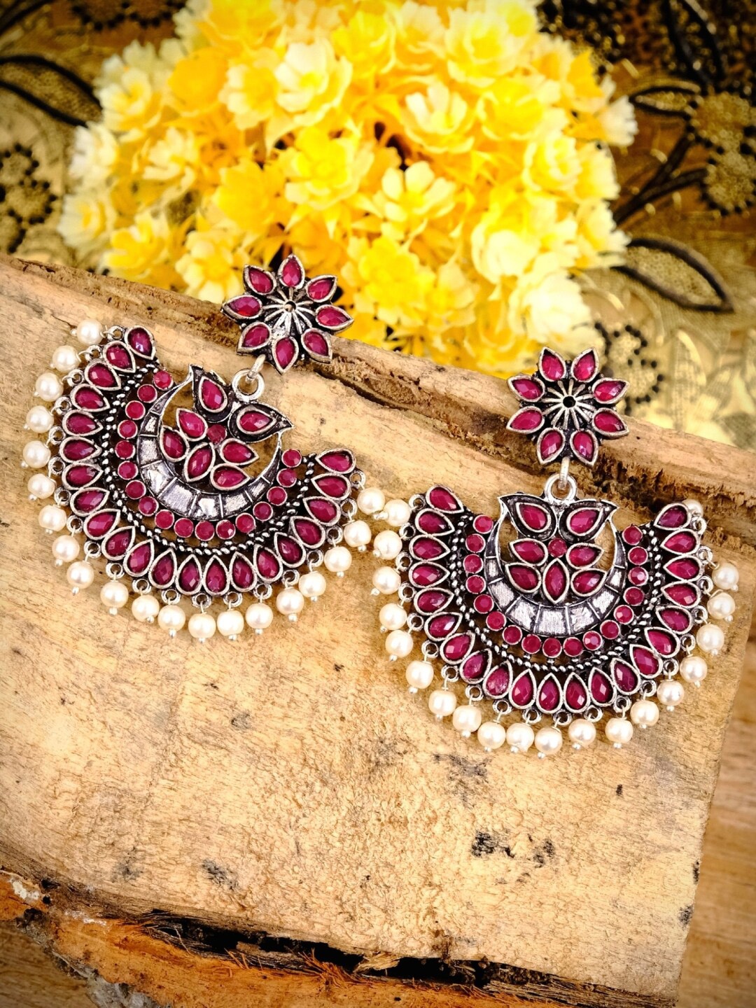 

Crunchy Fashion Silver-Plated & Pink Contemporary Chandbalis