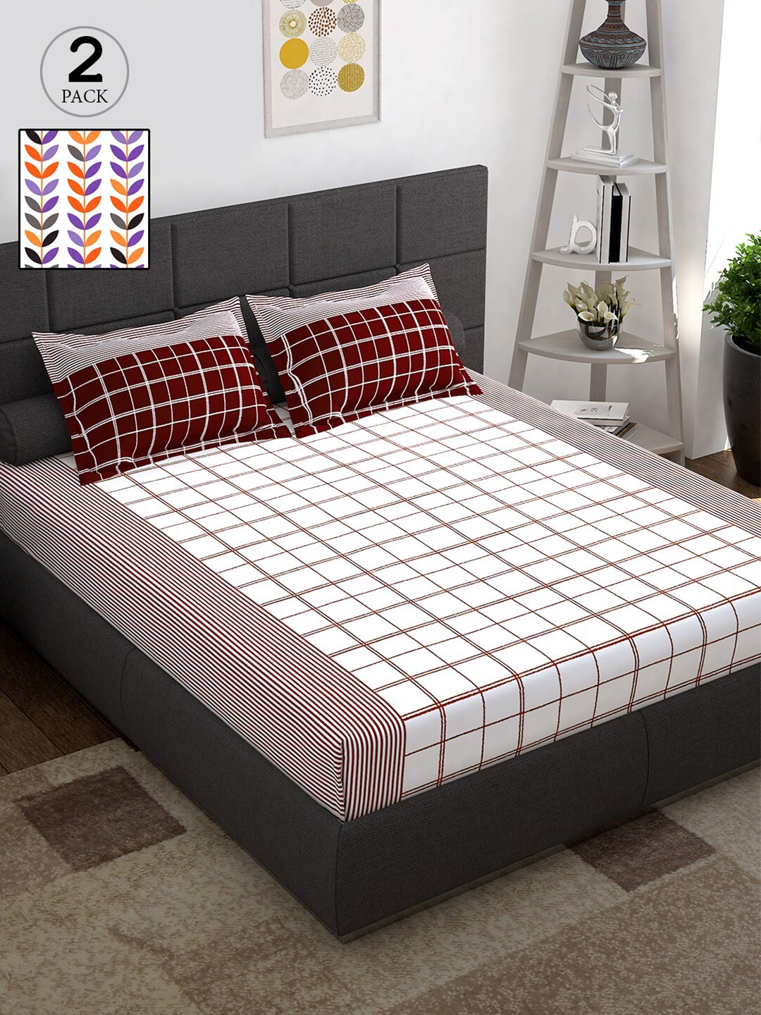 

Story@home Set of 2 Geometric 152 TC Pure Cotton 2 Queen Bedsheet with 4 Pillow Covers, White