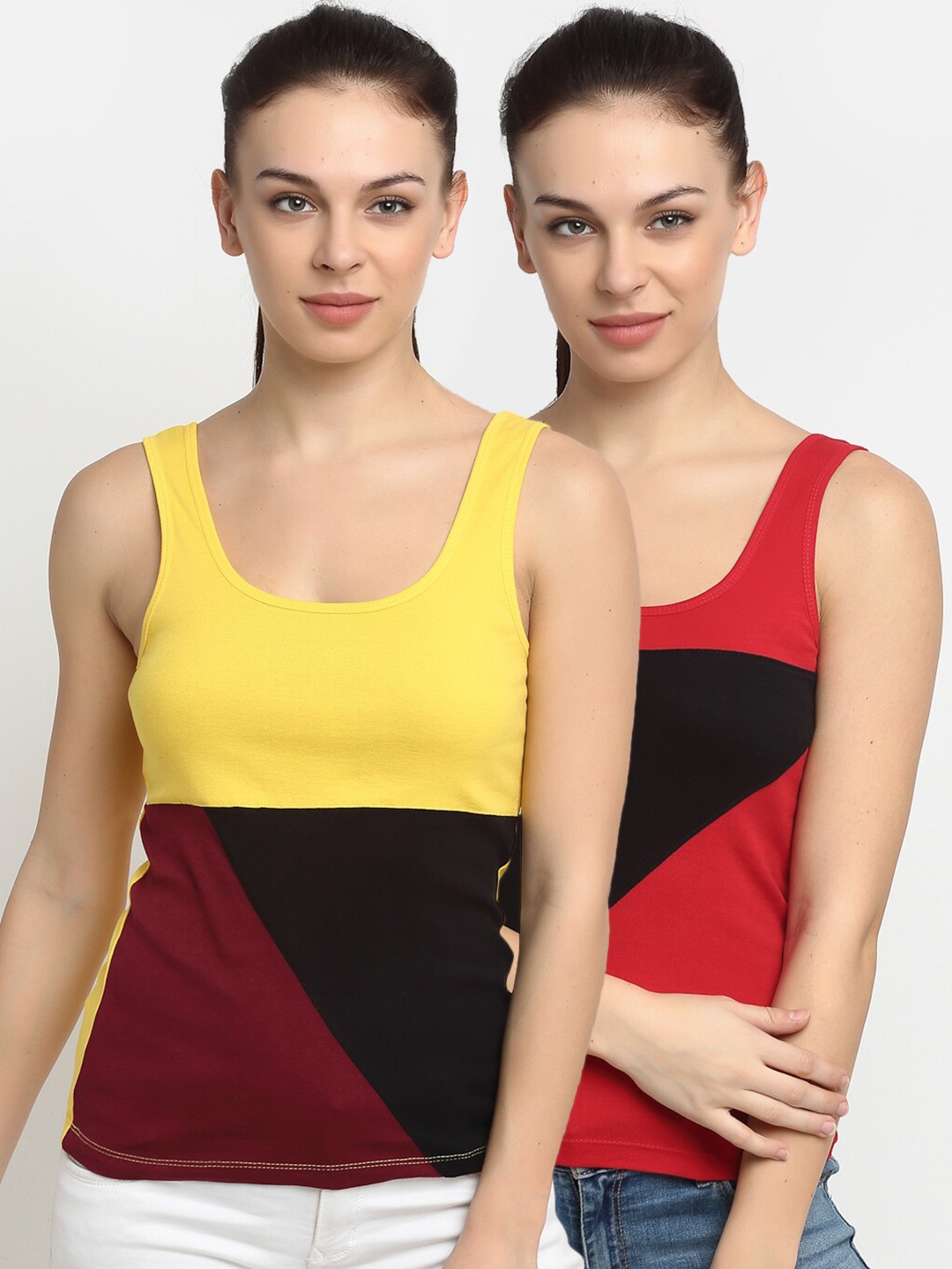 

Friskers Pack of 2 Multicoloured Colourblocked Tank Top, Multi
