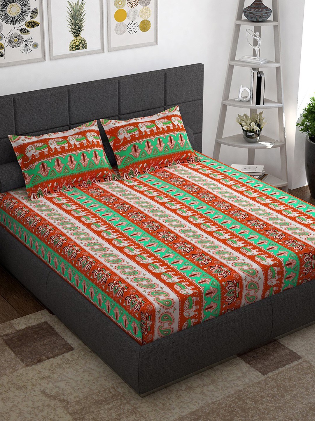 

Story@home Orange & Cream-Coloured Ethnic Motifs 152 TC Cotton 1 Queen Bedsheet with 2 Pillow Covers