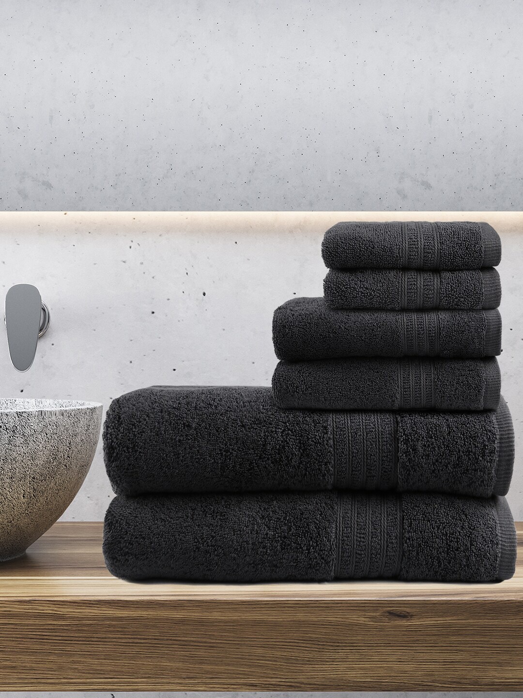 

MYTRIDENT Set Of 6 Grey Solid 550 GSM Soft Plush Pure Cotton Towel Set