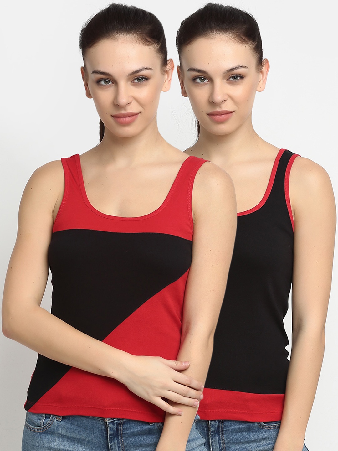 

Friskers Pack Of 2 Black & Red Colourblocked Tank Tops