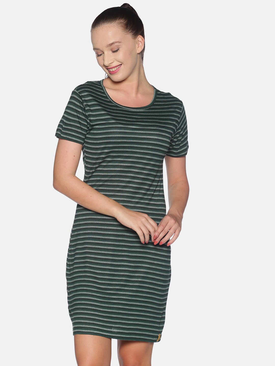 

Campus Sutra Green Striped T-shirt Dress
