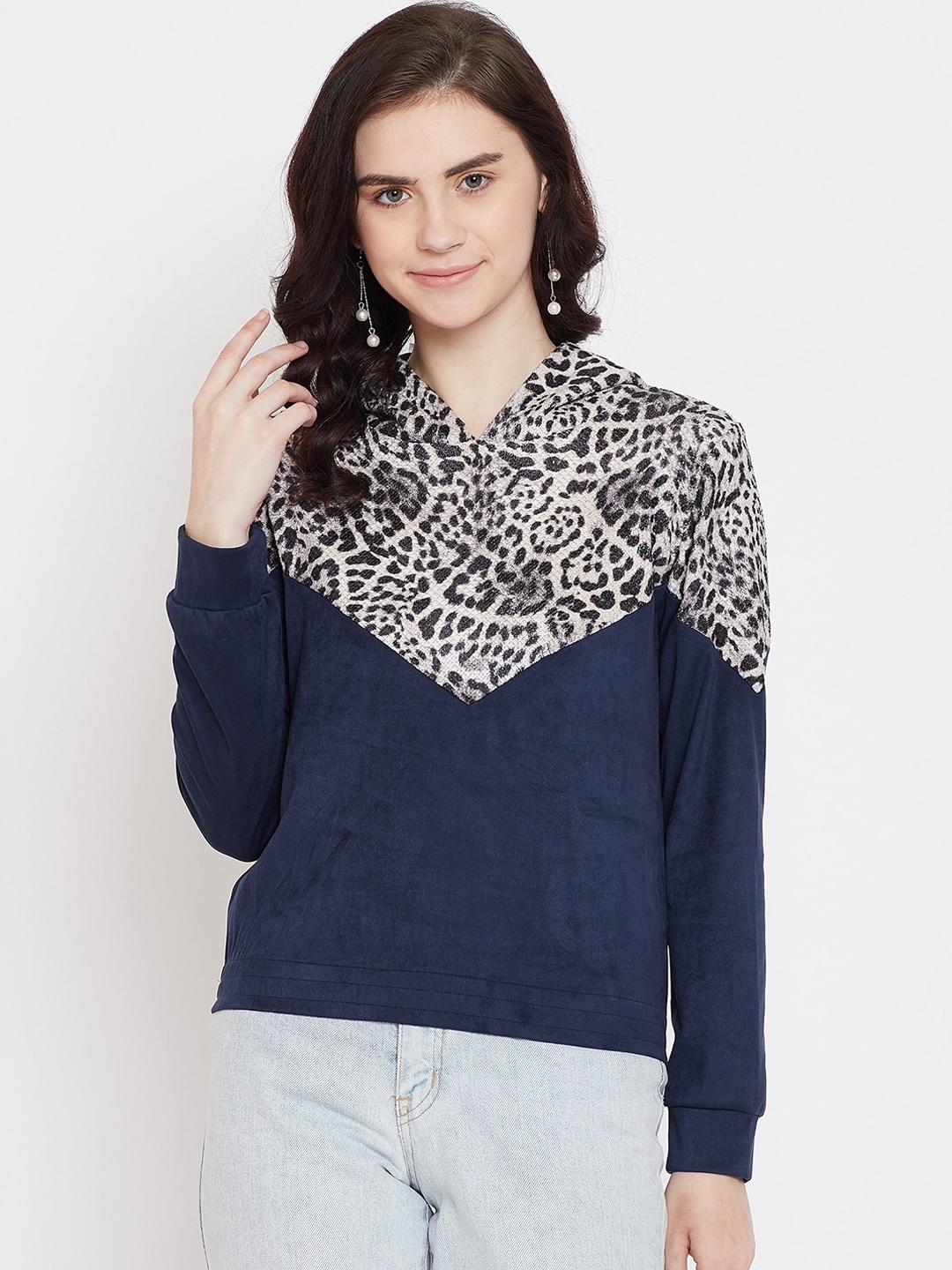 

Madame Navy Blue & Off White Animal Colourblocked Velvet Regular Top