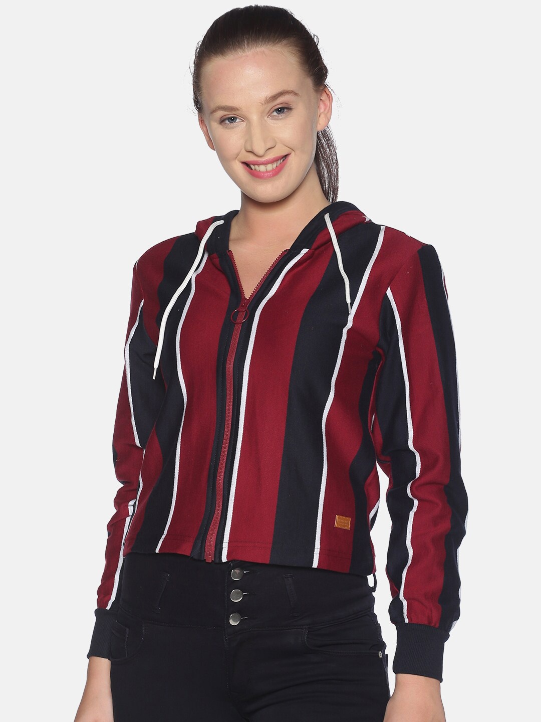 

Campus Sutra Women Maroon & Blue Striped Sweatshirt