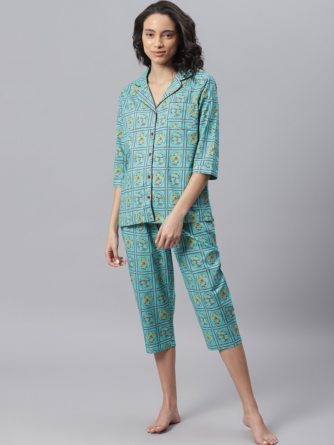 

Janasya Women Turquoise Blue & Yellow Printed Night Suit