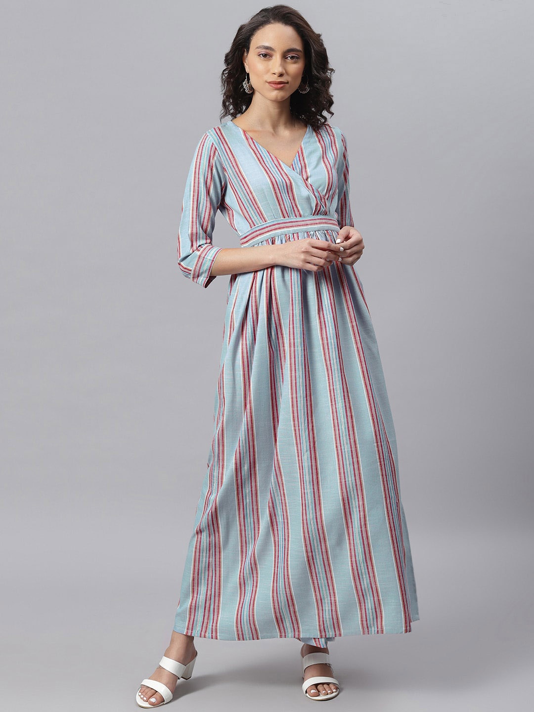 

Janasya Blue & Red Striped Maxi Dress