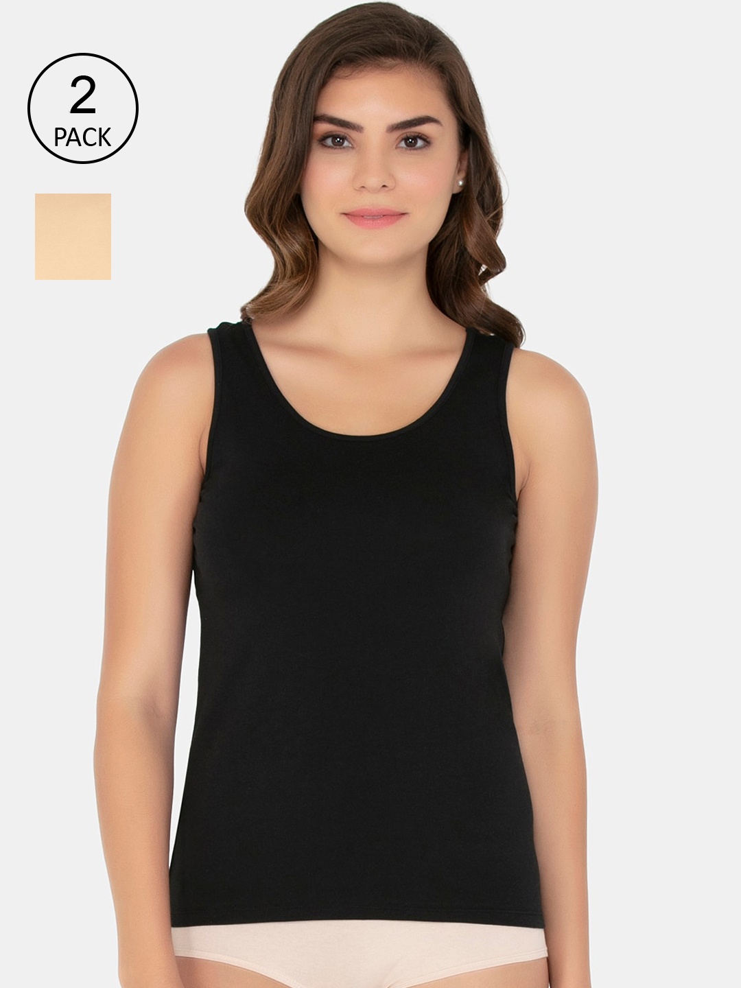 

Amante Pack of 2 Black & Nude Solid Cotton Tank Tops