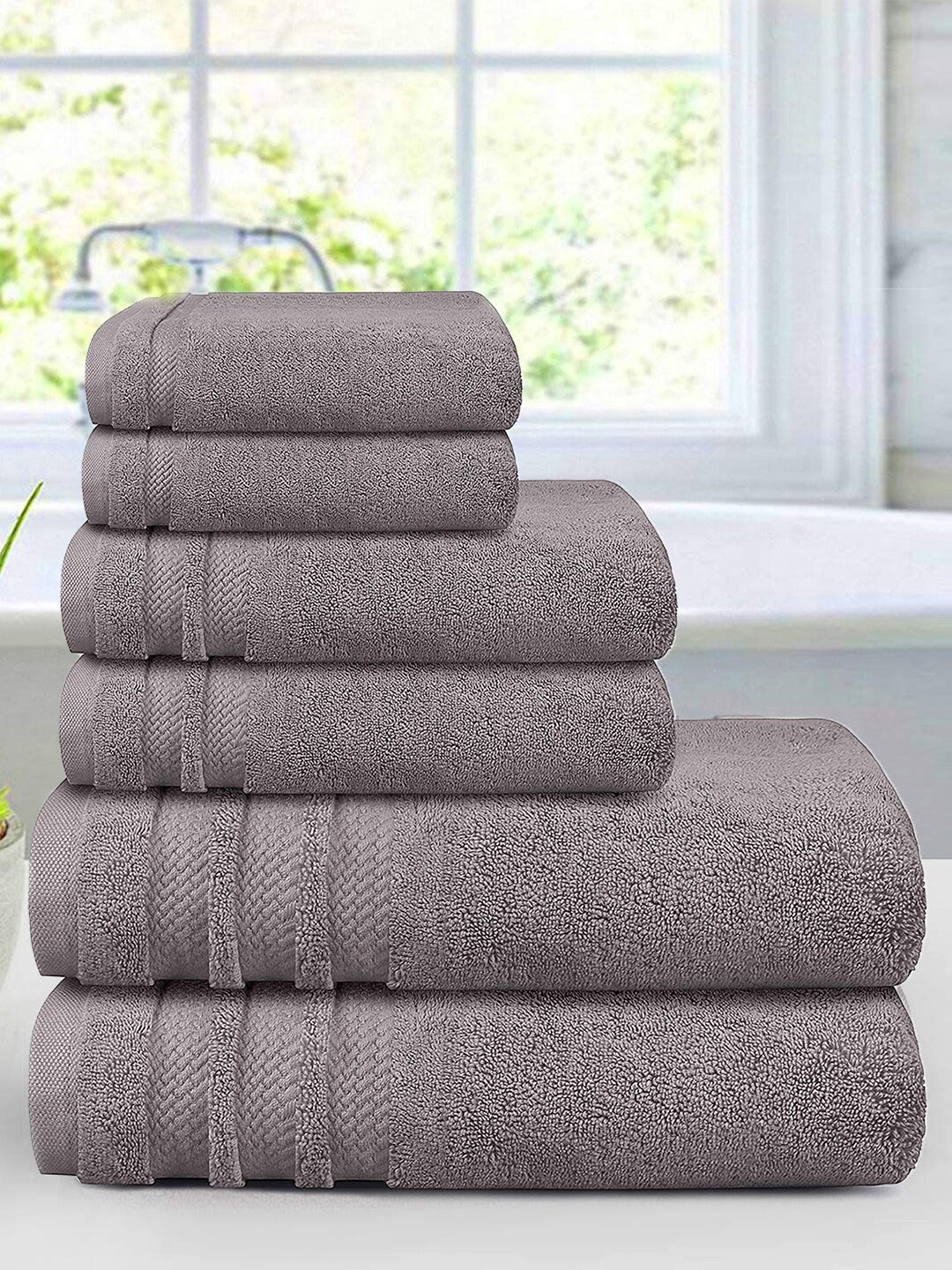 

MYTRIDENT Set Of 6 Grey Solid 100% Cotton 625 GSM Towel Set