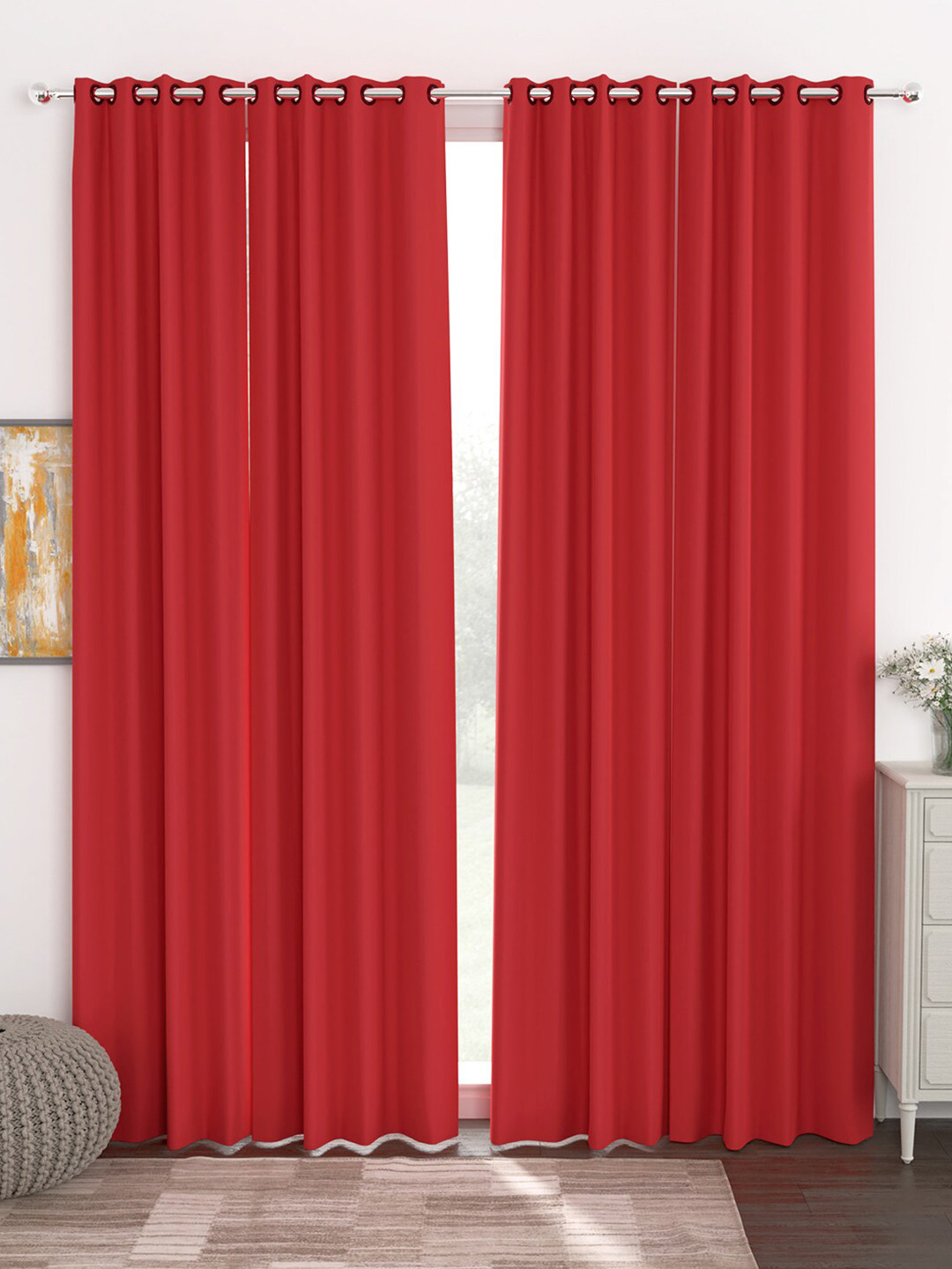 

Story@Home Faux Silk Solid Solid 300GSM Red Room Darkening Blackout Long Door Curtain - Set Of 4