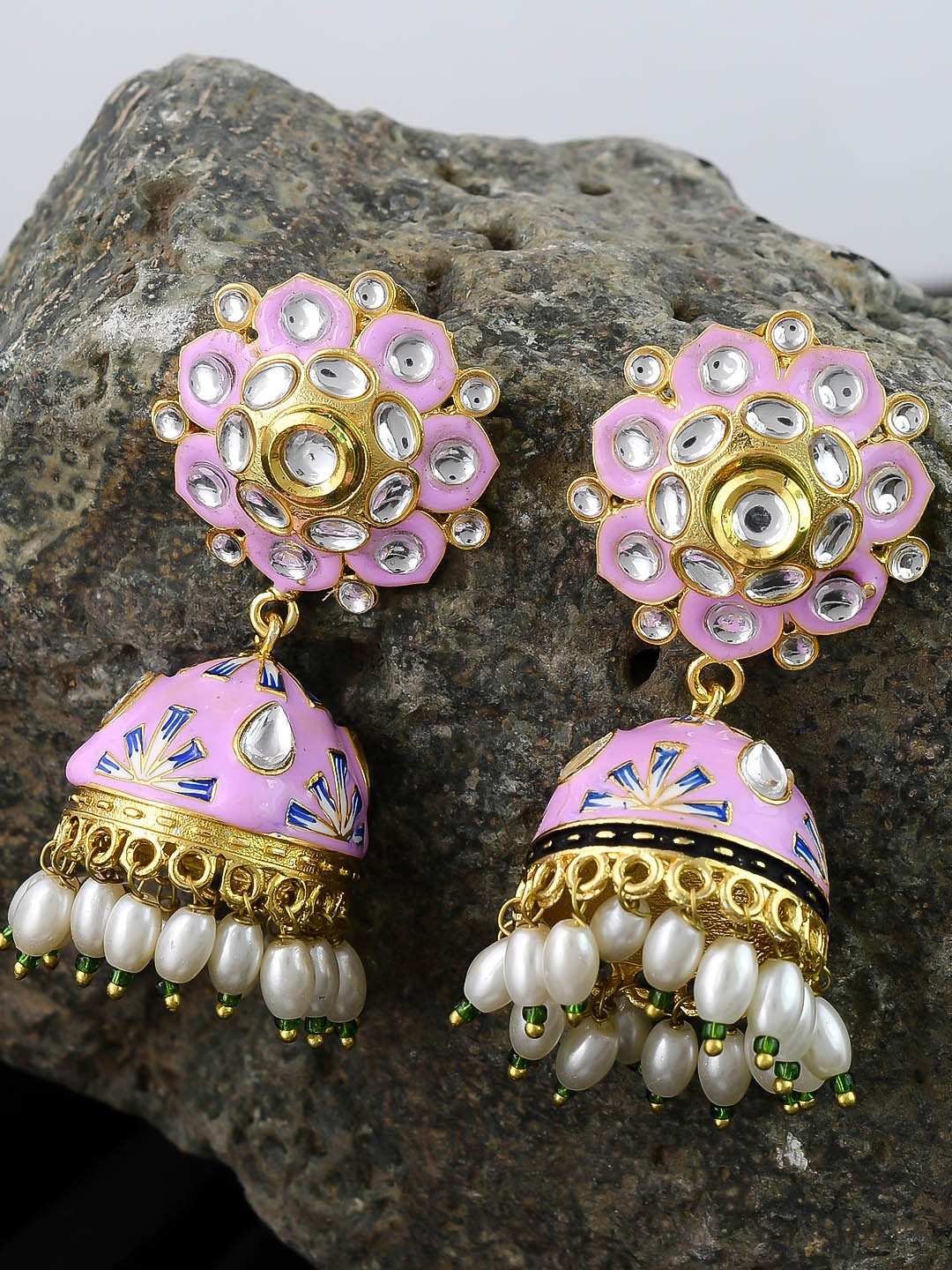 

Silvermerc Designs Pink & Gold-Toned Dome Shaped Jhumkas Earrings