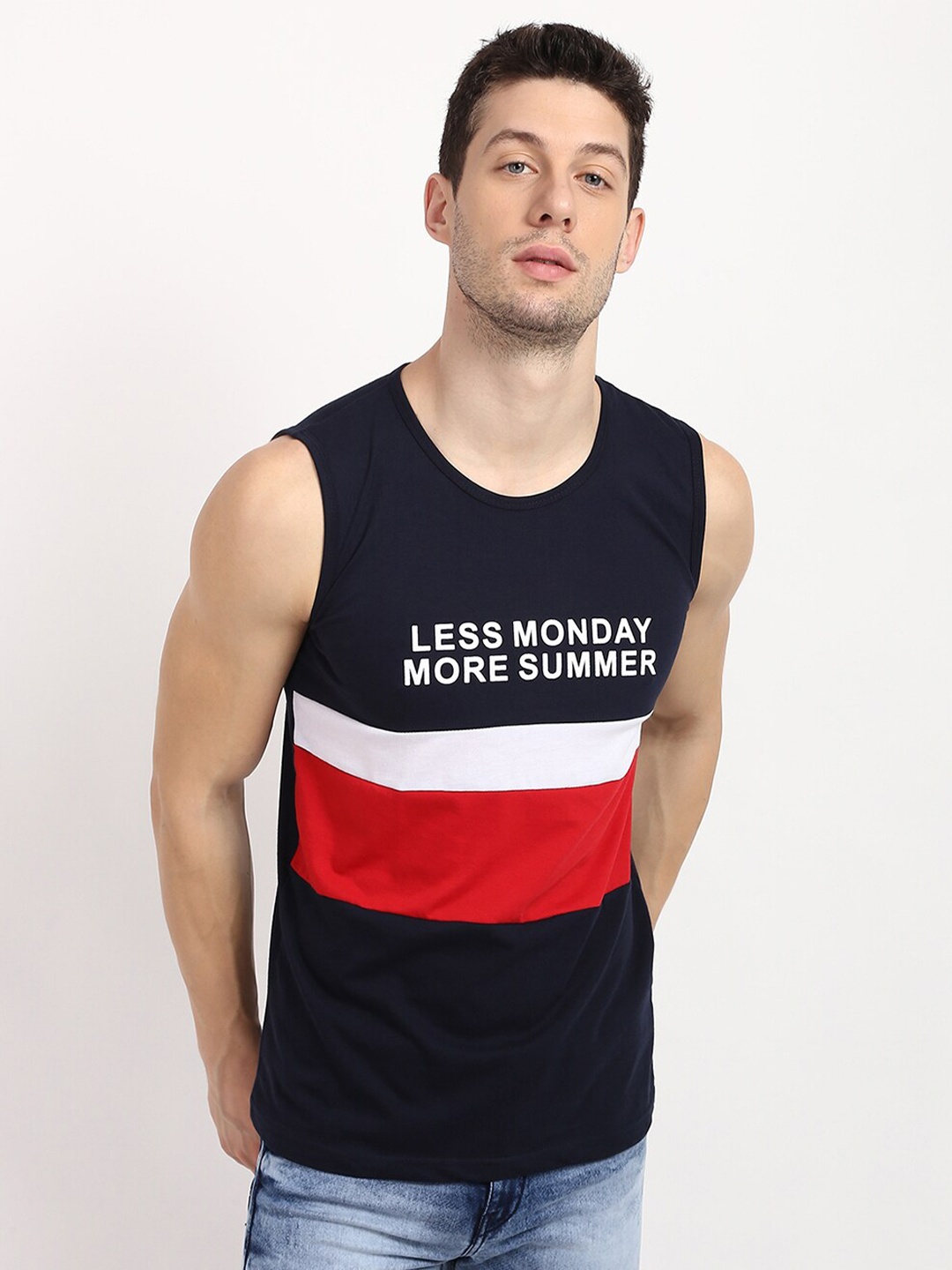 

V2 Value & Variety Men Navy Blue & Red Colourblocked T-shirt with Printed Detail