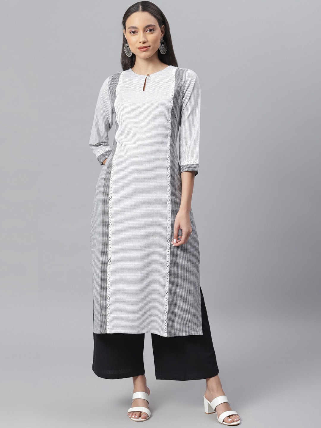 

Janasya Women Grey & Black Striped Panelled Pure Cotton Kurta with Palazzos