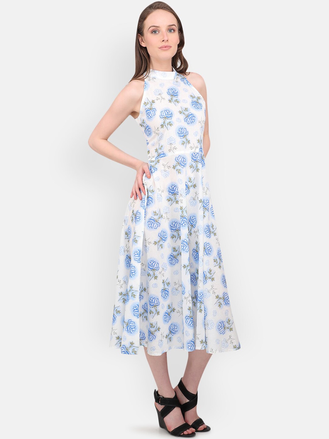 

MARC LOUIS White & Blue Floral Midi Dress