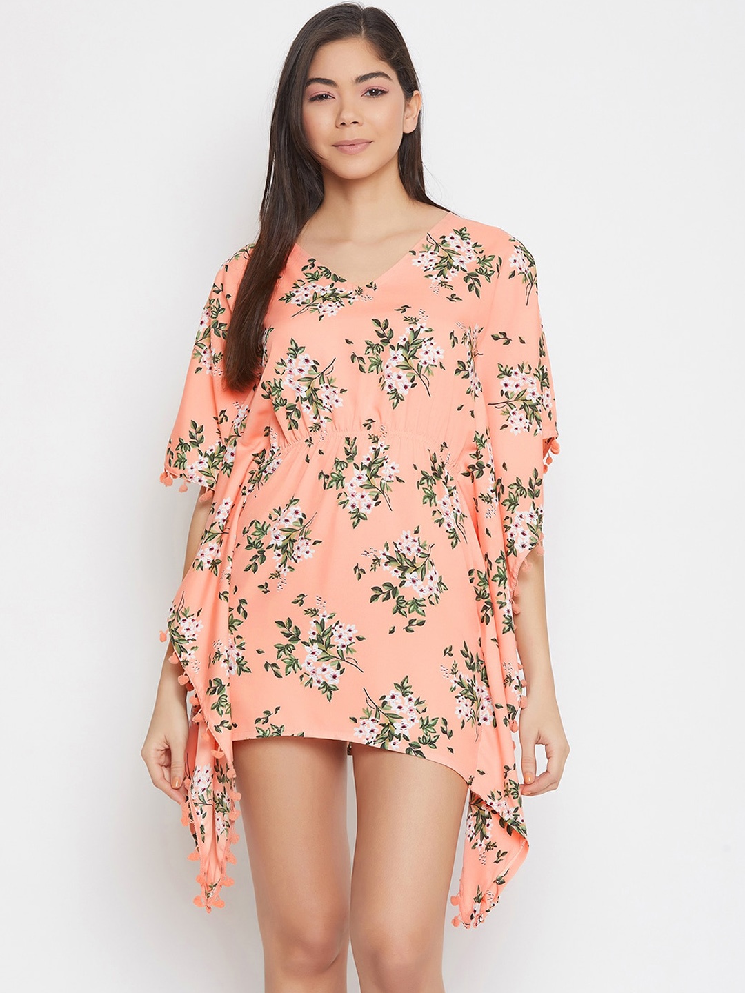

Clovia Women Peach-Coloured & Green Floral Printed Cover Up Kaftan Swim Dress