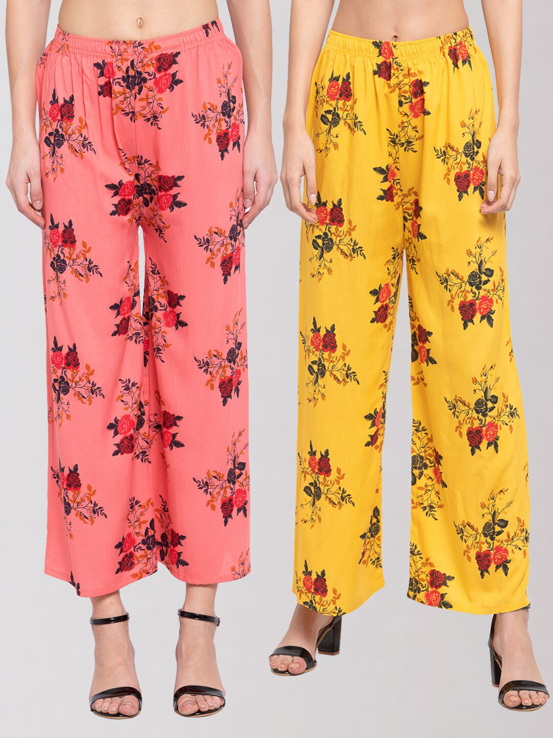 

KLOTTHE Women Yellow & Peach-Coloured 2 Floral Printed Palazzos