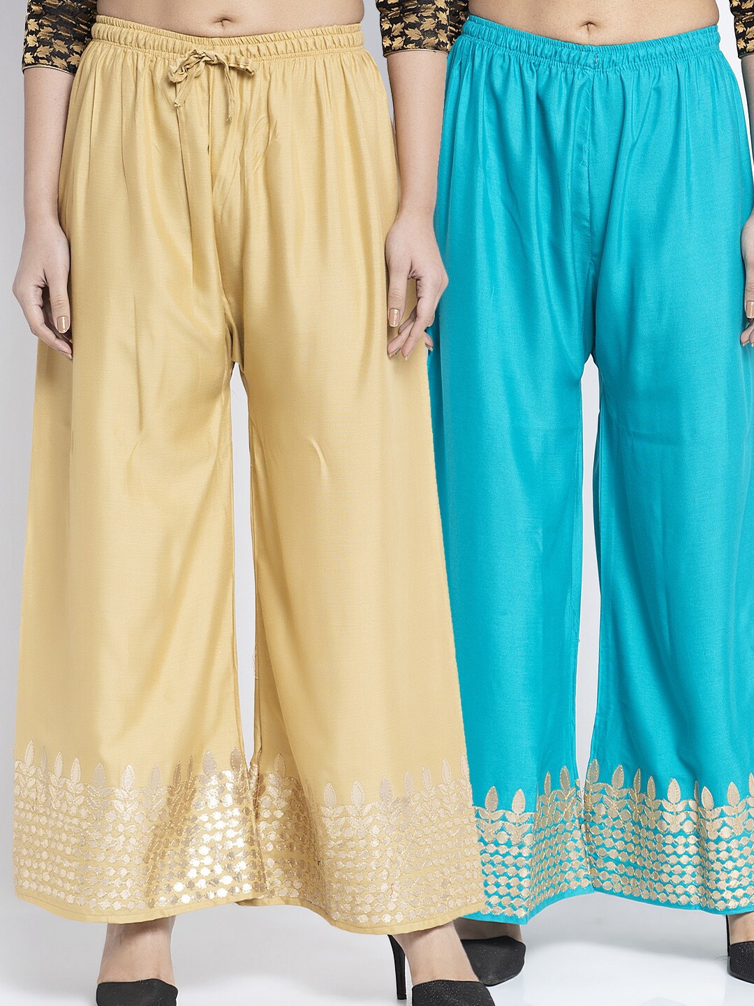 

GRACIT Women Pack of 2 Beige & Turquoise Blue Ethnic Motifs Hem Design Palazzos