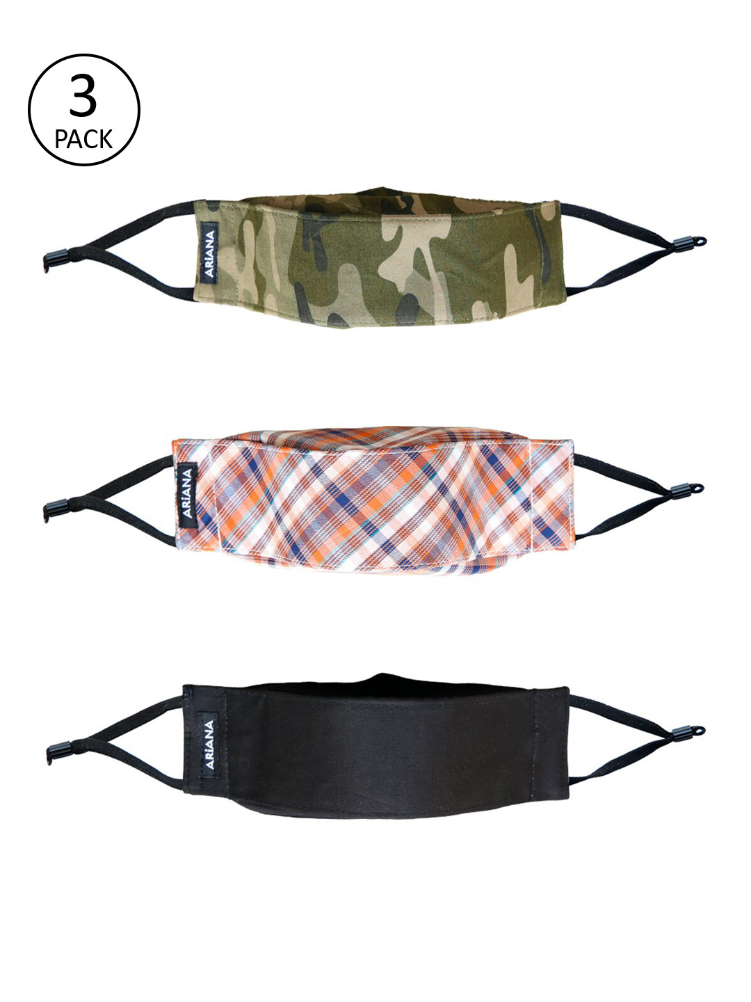 

Ariana Pack Of 3 7-Ply 3D Adult Reusable Cotton Cloth Face Masks, Olive