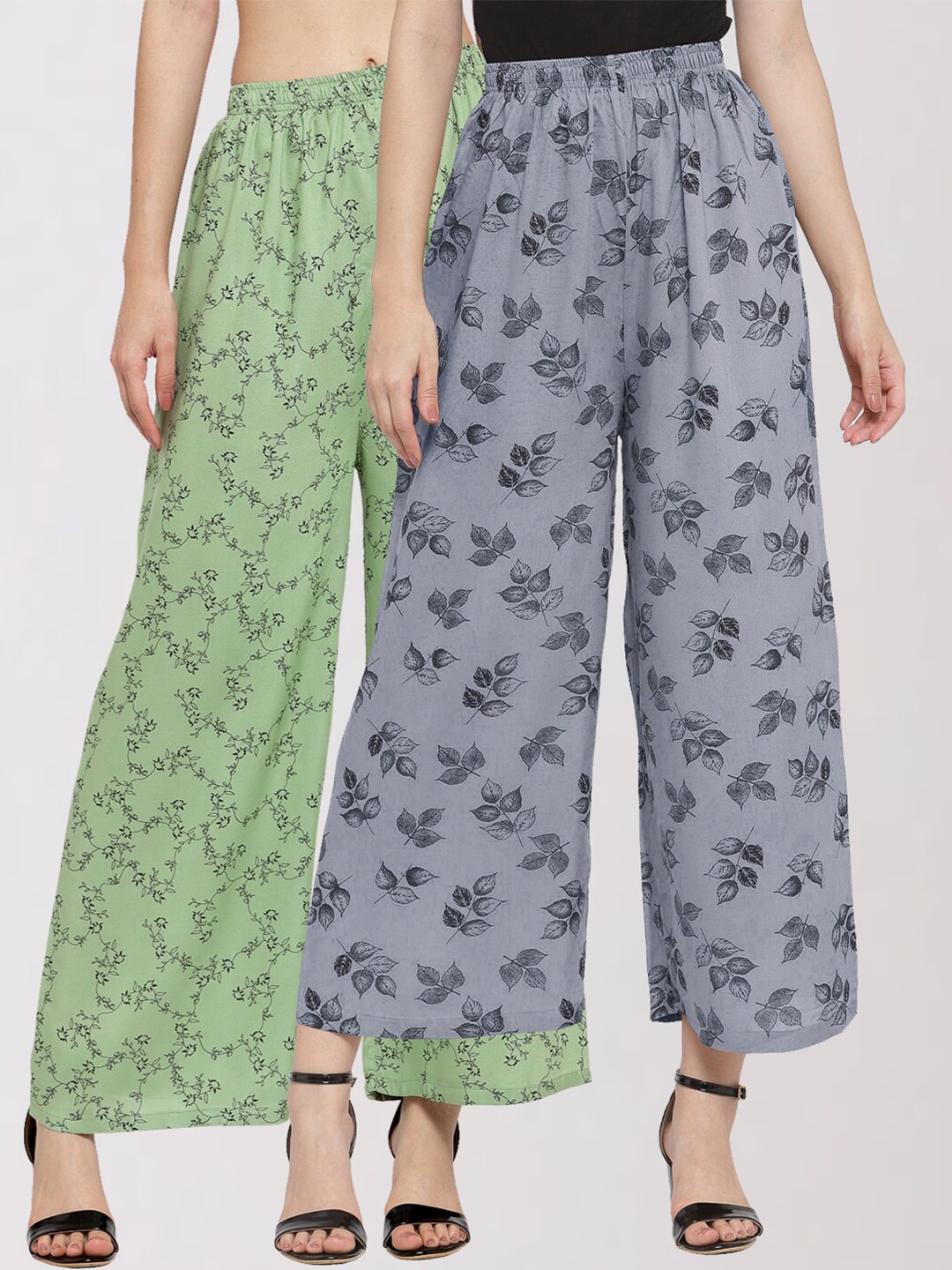 

KLOTTHE Women Green & Grey Set Of 2 Floral Printed Cropped Palazzos