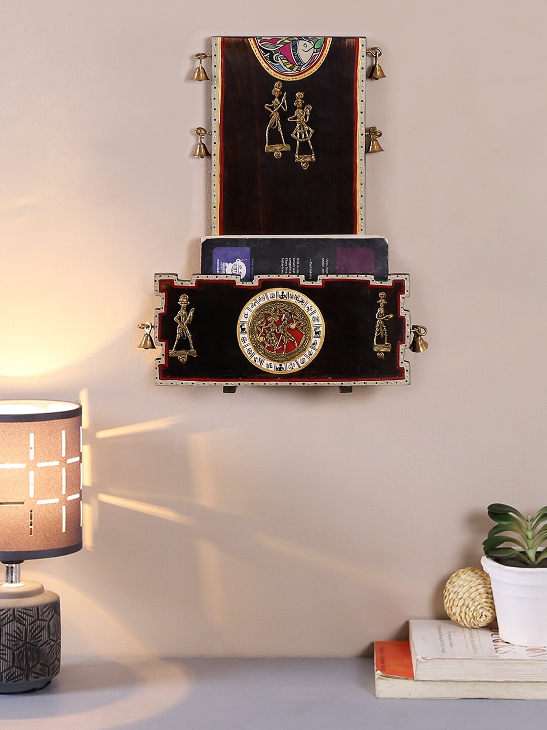 

Aapno Rajasthan Brown & Gold-Toned Handcrafted Wall Plaque With Tribal Art & Motifs