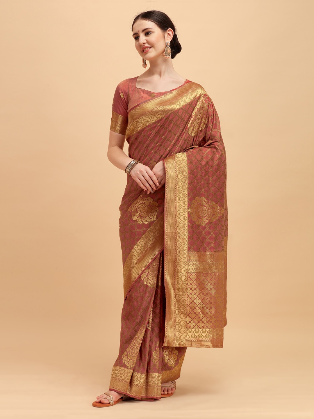 

House of Pataudi Pink & Golden Ethnic Motifs Zari Silk Blend Saree