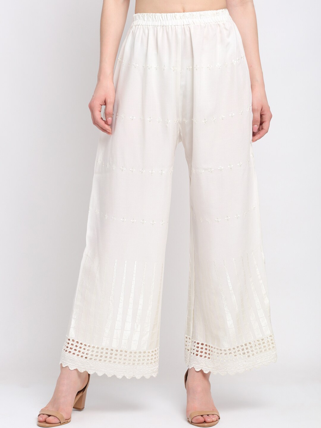 

KLOTTHE Women White Hem Design Ethnic Palazzos