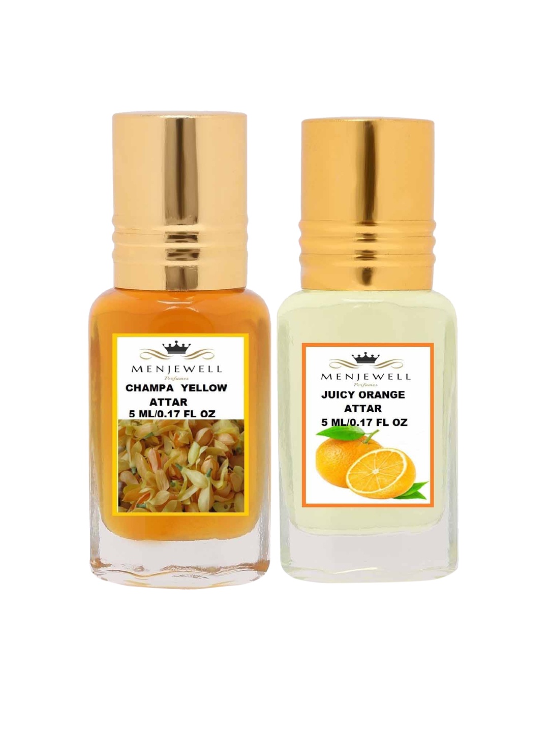 

Menjewell Pack Of 2 Champa Yellow & Juicy Orange Attar, Transparent