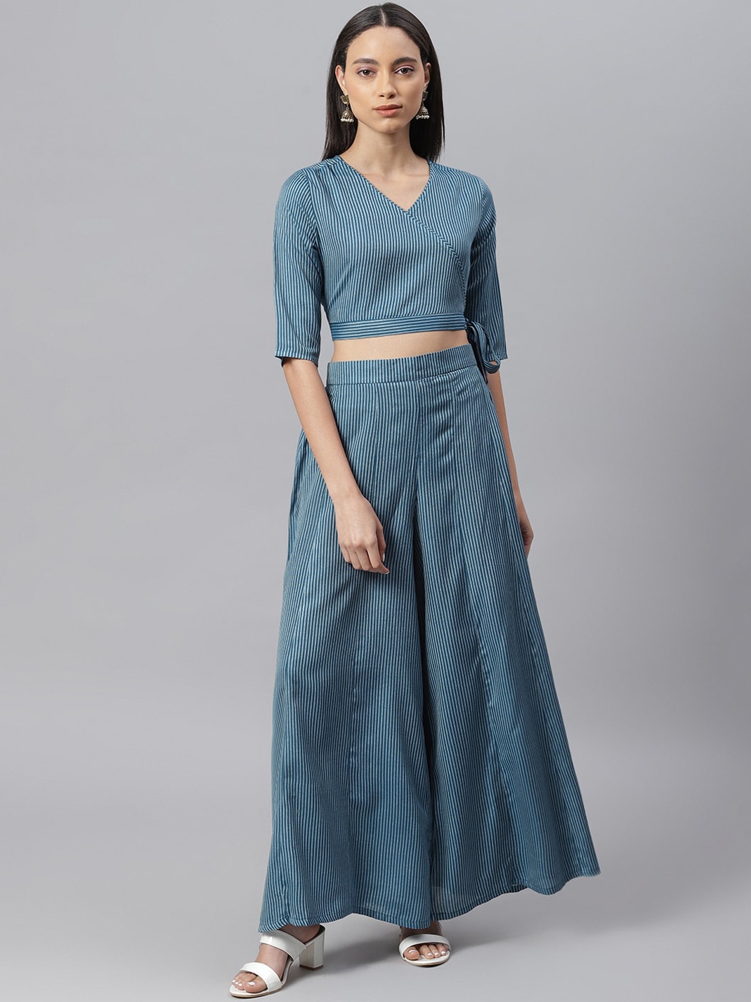 

Janasya Women Teal Striped Angrakha Style Crop Top with Palazzo