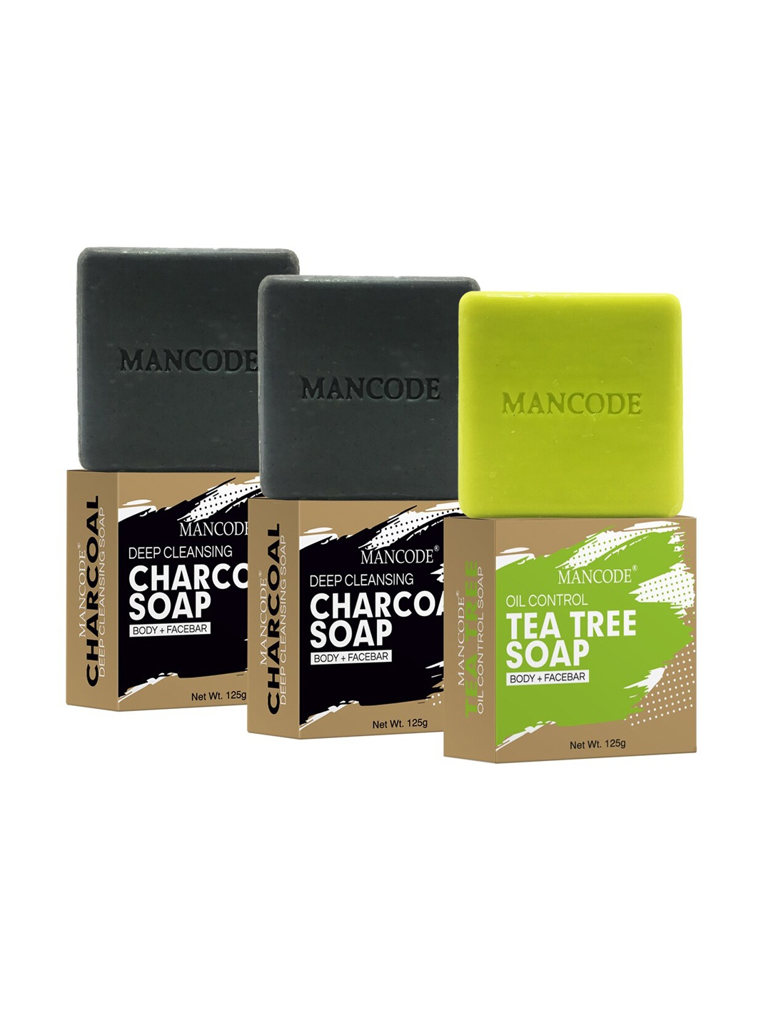

MANCODE Pack of 3 Charcoal and Tea Tree Oil Control Soap 125 g Each, Black