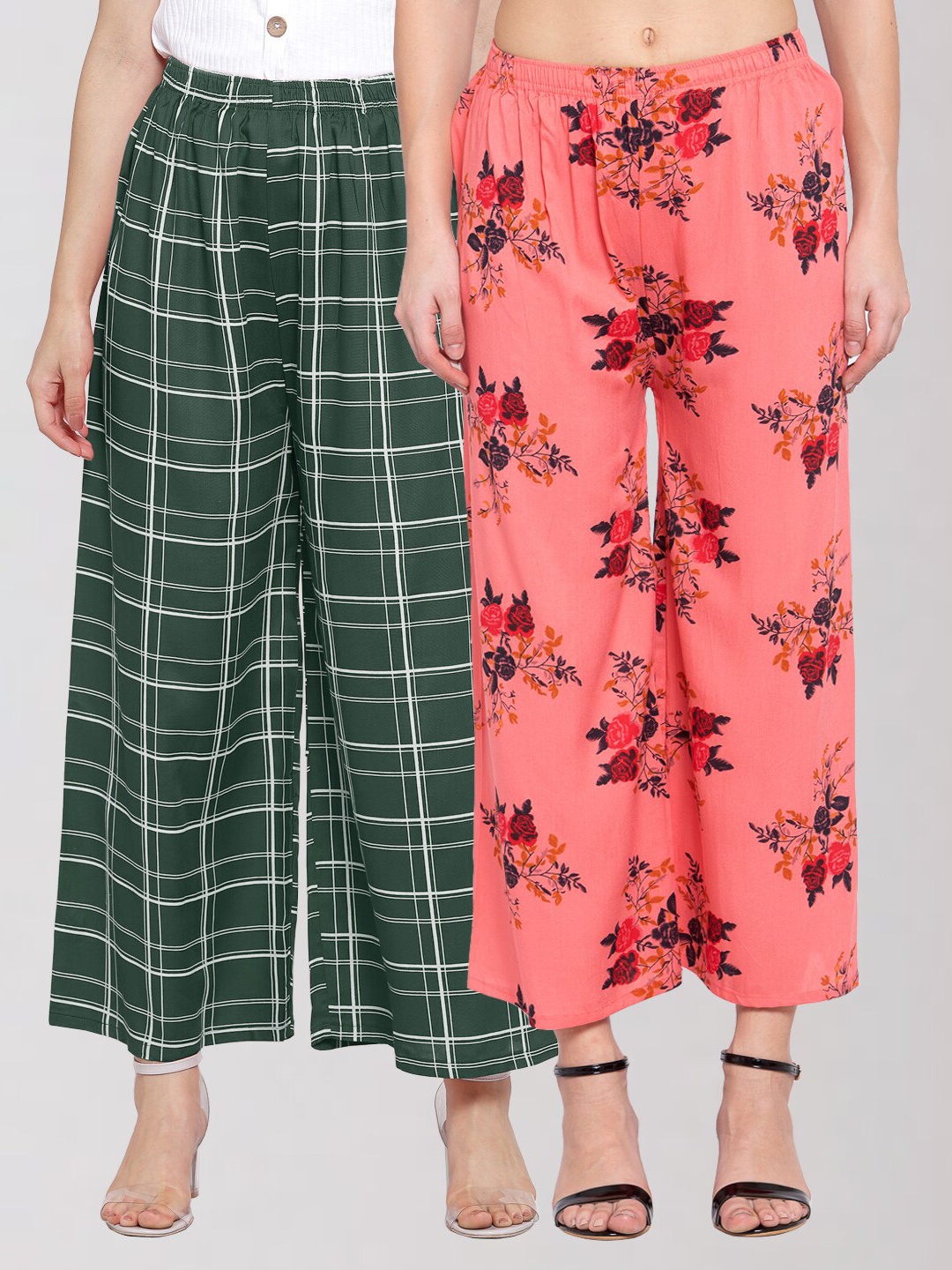 

KLOTTHE Women Peach & Green 2 Floral Printed Palazzos