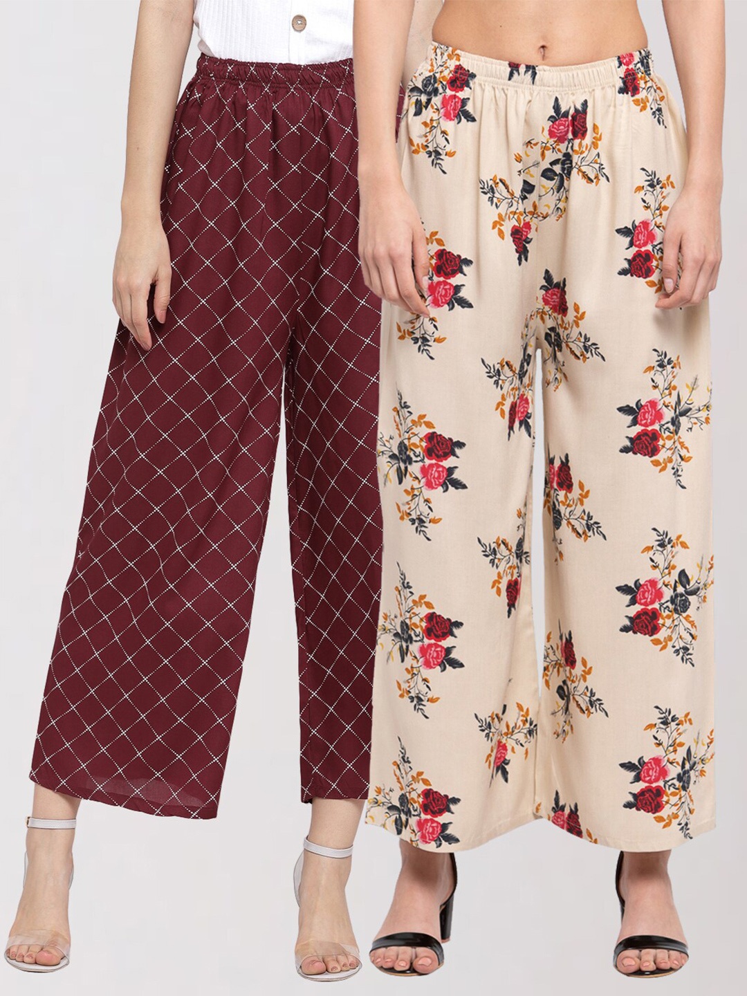 

KLOTTHE Women Maroon & Beige Set of 2 Floral Printed Palazzos